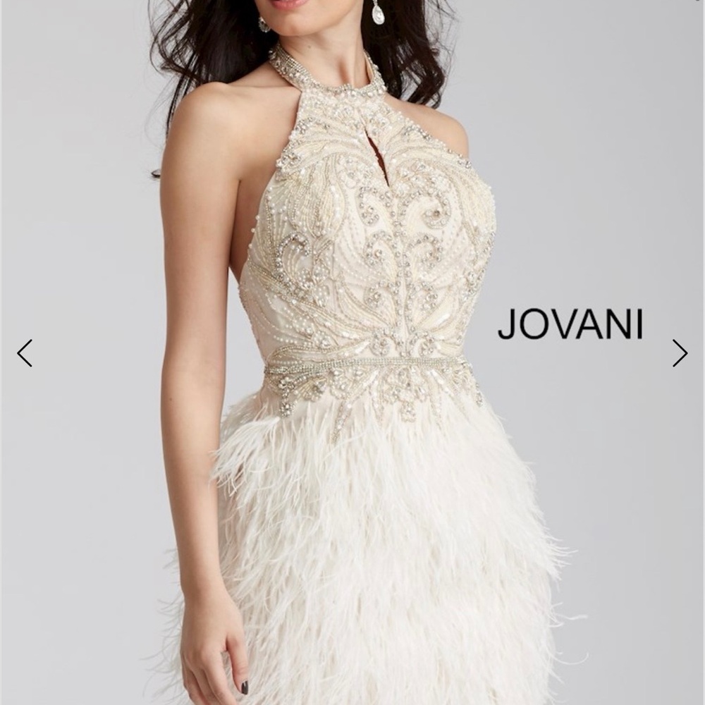 Jovani Ivory Halter Feather Gown